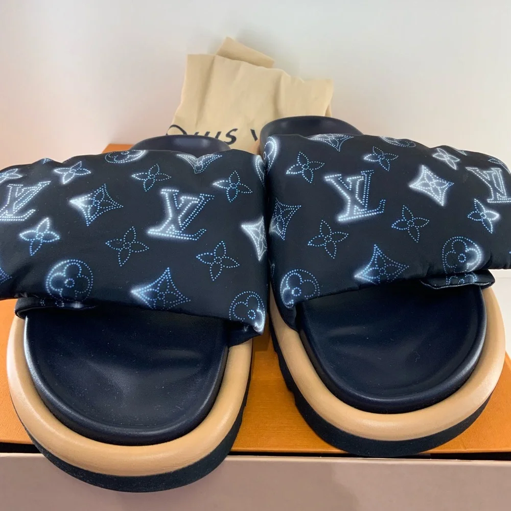 Pre Owned Louis Vuitton Sz 38 Black & Blue Monogram Padded Slide Sandals w/ Box. - Picture 7 of 10
